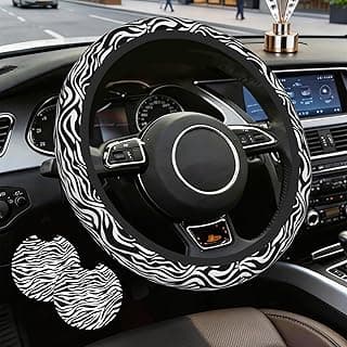 Black White Stripes Steering Wheel Cover with 2 PCS Cup Coasters for Car,Zebra Leopard Stripes 15 Inch Non-Slip Neoprene Steering Wheel Covers,Breathable Car Accessories Fit for Men Women