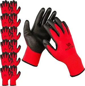 ACKTRA Ultra-Thin PU Safety WORK GLOVES 12 Pairs, WG002 Red/Black, Large