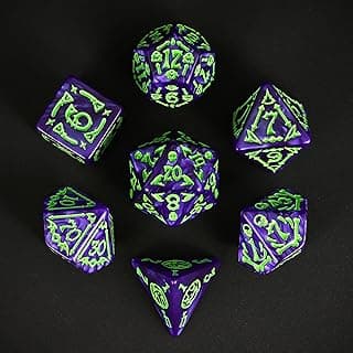 7-Die DND Dice Set Scary Pattern Polyhedral Dice Set with Leather Bag, Skull Dice D&D Dice Set for RPG Table Games.(Scary Pattern-Purple/Green Number)