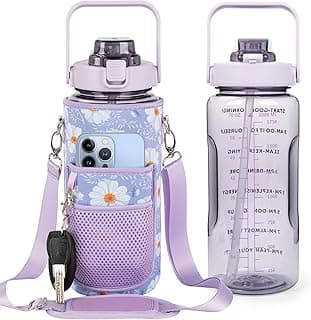 Half Gallon Water Bottle with Sleeve, 64OZ Motivational Water Bottle with Straw & Time Marker, BPA Free Leakproof Large Sports Water Bottle, Reusable Water Jug for Workout Gym Sport