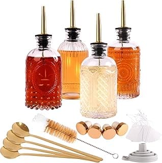 Glass Syrup Dispenser Set - 4 Pack 7oz Bottles with Metal Pour Spouts, Stoppers, Spoons for Coffee, Tea, Vanilla, Caramel, Honey