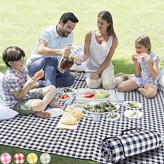 ZAZE Picnic Blankets Machine Washable, 80''x80'' Extra Large Waterproof Sandproof Foldable Compact Beach Blanket, Oversized XL Outdoor Mat for Spring Summer Camping, Park, Travel Grass(Blue and White)