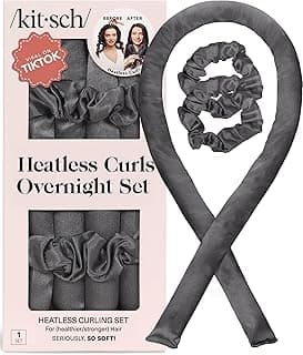 Kitsch Satin Heatless Curlers Set – Heatless Curls Overnight with 34" Hair Curler & 2 Satin Scrunchies – Comfortable Hair Curlers to Sleep In for Frizz-Free, No Heat Damage Styling - Charcoal