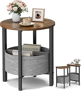 Vagusicc Small Round Side Table, Accent End Table with Storage Basket, Set of 2 Half Round Coffee Table End Table, Half Moon Bedside Table, Modern Nightstand Couch Table for Living Room Bedroom, Brown