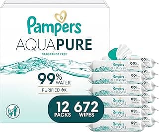 Pampers Aqua Pure Baby Wipes, 99% Water, Fragrance Free, 672 Baby Wipes Total (12X Flip-Top Packs) [Packaging May Vary]