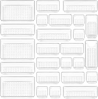 Vtopmart 25 PCS Clear Plastic Drawer Organizers Set, 4-Size Versatile Bathroom and Vanity Drawer Organizer Trays, Storage Bins for Makeup, Bedroom, Kitchen Gadgets Utensils and Office