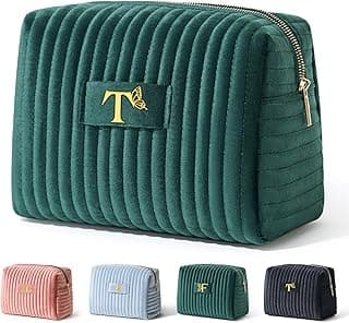 COSHAYSOO Travel Makeup Bag Quilted Make Up Pouch Initial Velvet Cosmetic Case with Butterfly Decorations for Womens Fashion Trending Birthday Easter Valentines Gifts Ideas Unique Green Letter T