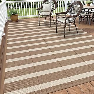 Vaukki Waterproof Outdoor Rug 5x8, Reversible Striped Patio Rug, Lightweight Plastic Straw Camping Mat, Indoor Outdoor RV Carpet for Outsides, Patio, Camping, Balcony, RV and Deck, Brown and Beige