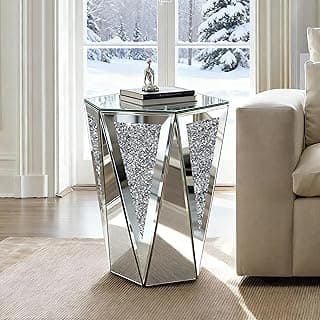 SHYFOY Mirrored End Table with Crystal Inlay, Silver Geometric Accent Side Table, 13.78 x 12.2 x 19.69 Inches for Living Room Bedroom Entryway