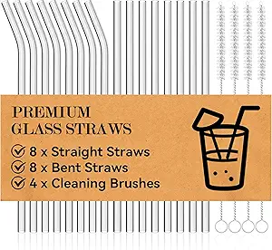 Foogwee® 20 Packs Reusable Glass Straws Set, 8.5'' x 10mm Clear Drinking Straws for Smoothies, Shakes, Coffee, Juice, Sodas, Milk, Tea, Cocktails, Set of 8 Straight and 8 Bent with 4 Cleaning Brushes