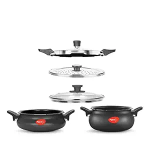 Pigeon All in One Value Pack Hard Anodized Super Cooker with Induction Base Outer Lid, 5 Litre and 3 Litre, 3 Lids (Pressure Lid, Strainer Lid and Serving Lid), Black