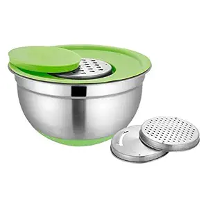 Shri & Sam High Grade Stainless Steel German Grater/Mixing Bowl Includes Bowls with Lids,3 Interchangeable Graters, Green/Silver 24 CM