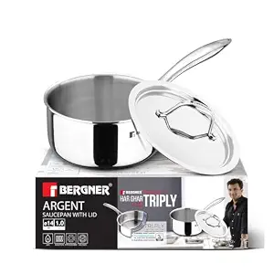 Bergner Argent Triply Saucepan with Stainless Steel Lid, 14cm (1 L) Teapan/Milkpan, Stay Cool Cast Handle, Food Safe, Healthy Cooking, Durable, Easy to Clean - Induction and Gas Stove Ready
