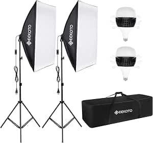 GEEKOTO Softbox Set Fotostudio 50 x 70cm, Dauerlicht Studioleuchte Set mit 2 Softboxlampen E27 85W 5500K, 2m Vollverstellbare Lichtstative für Studio-Porträts, Produktfotografie, Modefotos, usw.