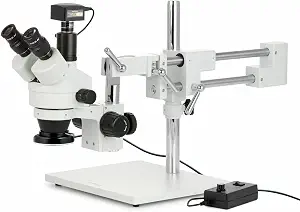 AmScope SM-4T Series Trincocular Simul-Focal Zoom Stereo Microscope 3.5X-90X Magnification with 144 LED Ring Light and 18MP USB 3.0 C-Mount Camera on Double Arm Boom Stand
