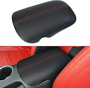 Console Cover for Ford Mustang Accessories 2026 2025 2024 2015-2023 Customized Leather Center Armrest Cover Seat Storage Box Lid Pad Seat Cover (Red Stitches)