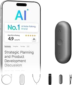 Plaud NotePin S AI Voice Recorder Tactile Record Button AI Transcription Summarization Digital Audio AI Note Taker for On the Go Meetings Interviews with 4 Accessories