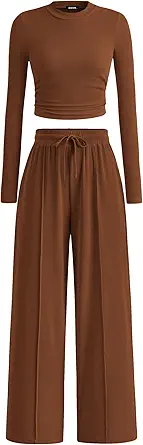 BTFBM Conjuntos casuales de 2 piezas para mujer, trajes de otoño 2025 acanalados de manga larga con pantalones de pierna ancha a juego