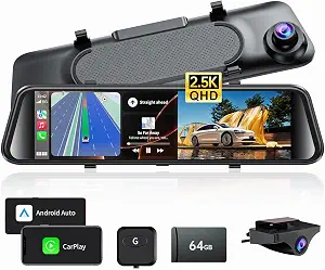 2.5K Mirror Dash Cam with Carplay Mirror & Android Auto, Dash Cam Front and Rear with Zoom Function,12 inches Rear View Mirror Camera with Voice Control/BT Call/64GB Card Included-JOMISE K17 Pro