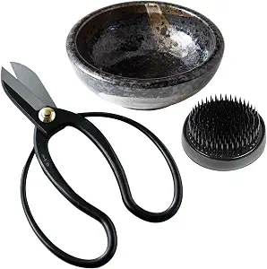 Wazakura Made in Japan Ikebana Floral Arrangement Kit. Koryu Scissors, Black Kenzan, Minoyaki Black Ceramic Flower Vase (Koryu, Black Vase, 2in Black Kenzan)