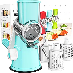 Cambom Rotary Cheese Grater Hand Crank Cheese Shredder for Fresh Cheese, Vegetable, Nuts,Non-slip Suction Base,Three Blades,Blue