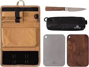 COOK'N'ESCAPE Cutting Board Set, 5-Piece, Camping Use, Titanium & Walnut, Folding Knife, Cutlery Bag & Storage Case Included, Outdoor Knife Set, Solo Camping, Cooking Set, Kitchen Utensils, Knife Set