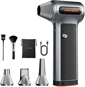 WOLFBOX MF200 Compressed Air Duster with Removable Battery & 4 Nozzles, Cordless 3-Speed Adjustable Mini Blower for Computer Keyboard, Car Cleaning, Home, and Outdoor Use