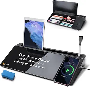 SELEAD Desktop Glass Whiteboard with Wireless Charger Station, Dry Erase Board Computer Pad Keyboard Stand with Organizer for Home, School, Office Desk Accessories, Black