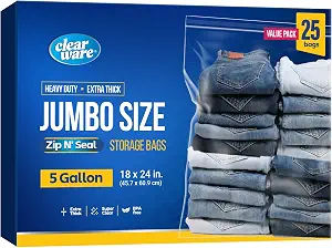 25 Large Storage Bags With Zipper Top - 5 Gallon Bags (18x24, 25, Count)