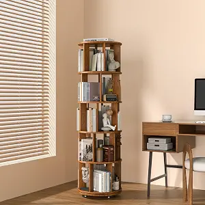5-Tier Solid Wood Rotating Bookshelf on Wheels, 360° Spinning Book Shelf Tower, Round Revolving Bookcase Organizer, Rolling Bookshelves for Small Spaces, Corner, Bedroom, Kids Room, Office, Walnut