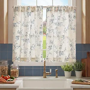 jinchan Floral Kitchen Curtains 36 Inch Linen Tier Curtains Farmhouse Cafe Half Window Drapes Over Sink Light Filtering for Living Room Laundry RV Rod Pocket 2 Panels Blue on Beige